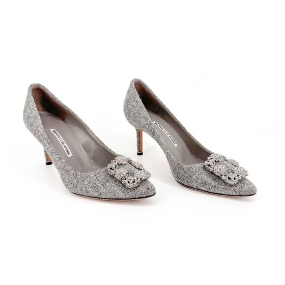 Manolo Blahnik Hangisi 70mm Crystal Pumps Size 39 US 9 Gray Wool Tweed Heels - Picture 1 of 12